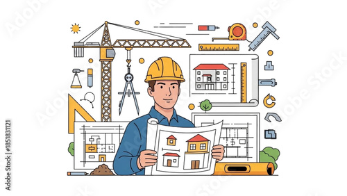 Construction worker reviewing building plans in a detailed illustration surrounded by construction equipment and architectural designs