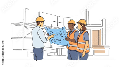 Engineers reviewing architectural plans on a construction site