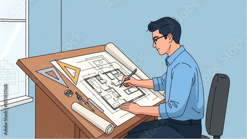 Man working on architectural blueprint at desk near window