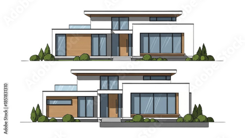 Modern house exterior illustration with sleek design and lush greenery surrounding the building