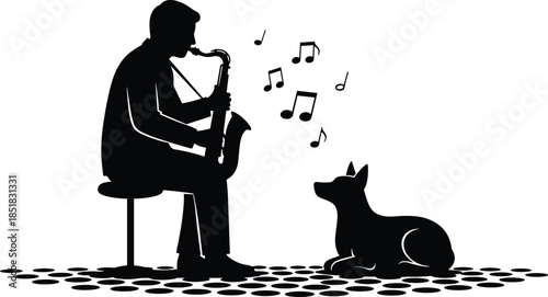 Silhouette of person playing saxophone to dog, black and white illustration of musical bond, emotional pet connection, street art