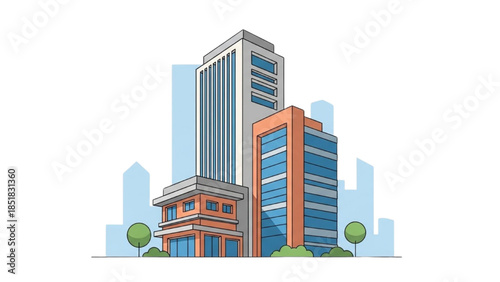 Modern buildings stand tall in the cityscape with trees surrounding the structures