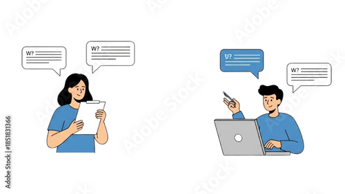 Man and woman communicating through mobile devices with chat bubbles in a simple illustration