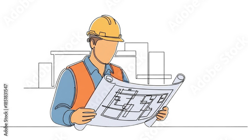 Engineer reviewing architectural blueprint on construction site