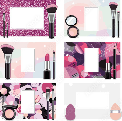 Create a kinds of deferent make-up background with space for your text and cosmetic tools vector art with white background..