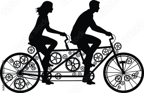 Silhouette of two people on tandem bicycle, intricate gear system, mechanical teamwork concept, black and white illustration, engineering symbolism