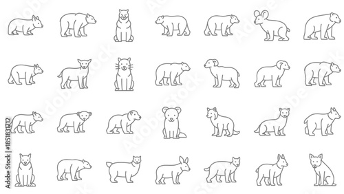 Collection of various black and white line art icons representing different species of wild animals and bears