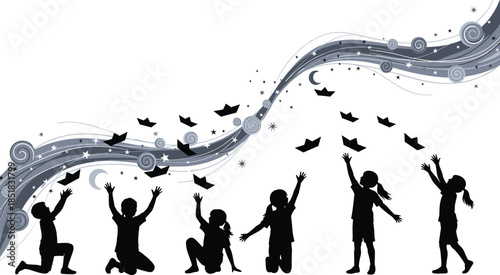 Silhouetted children reaching toward magical stream of stars, moons, and paper boats, black and white fantasy illustration, dreamlike wonder