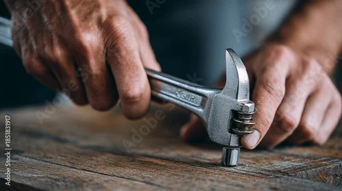 Close-up of hands tightening a bolt with a wrench, smooth controlled motion and subtle sound-cue vibe, capturing practical home DIY work, focus and everyday craftsmanship.
