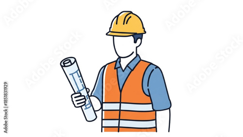 An engineer holding a blueprint wearing a safety vest and hard hat in a construction setting