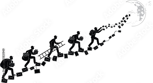 Silhouetted mail carriers walking on envelope path toward moon, black and white illustration, dedication, aspiration, symbolic journey