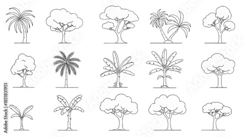 Collection of various tree illustrations in different styles and shapes