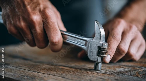 Close-up of hands tightening a bolt with a wrench, smooth controlled motion and subtle sound-cue vibe, capturing practical home DIY work, focus and everyday craftsmanship.
