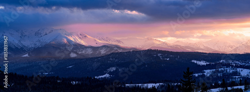 panorama winter Tatra sunset over the Tatra Mountains