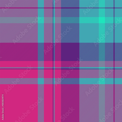 Messy plaid pattern textile, trendy seamless vector check. Cutout background tartan texture fabric in pink and cyan colors.