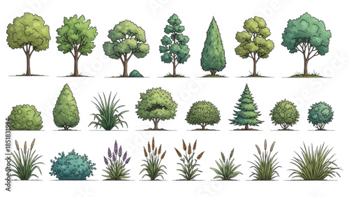 Collection of various trees and plants illustrated in a digital format on a clean white background