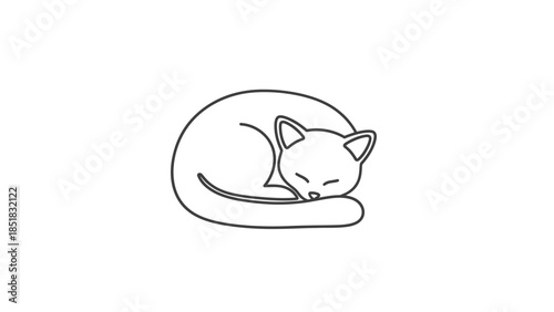 Simple outline drawing of a small cat curled up soundly sleeping in a peaceful circle