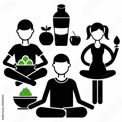 Yoga and meditation icon set showing people silhouettes in simple vector pictogram style