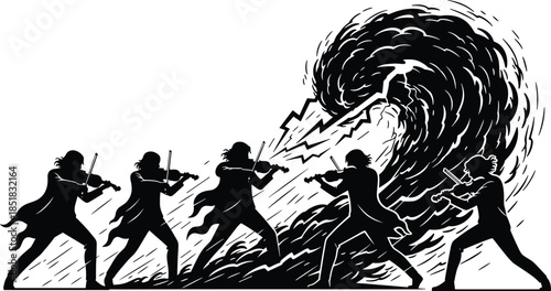Silhouetted violinists performing before swirling vortex and lightning, black and white illustration, dramatic energy, music power symbolism