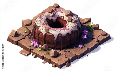 Whimsical isometric cake topped with frosting and colorful sprinkles illustration