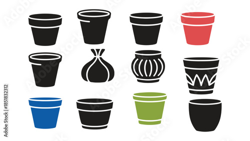 Collection of various black ceramic pots and containers