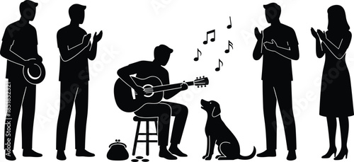 Street musician playing guitar, surrounded by audience and dog, black silhouette illustration of public performance, music, and community interaction