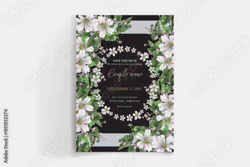 WEDDING INVITATION FRAME WITH FLOWER DECORATIONS AND FRESH LEAVES