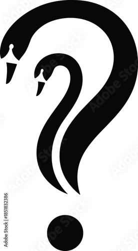 Stylized black question mark formed by two elegant swan silhouettes facing each other, symbolizing mystery, duality, inquiry, and the beauty of unanswered questions.
