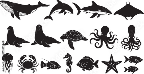 Black silhouette set of sea animals