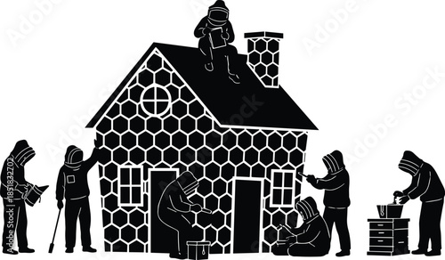 Stylized illustration of beekeepers constructing a honeycomb-covered house, blending beekeeping and home building in symbolic teamwork and creativity