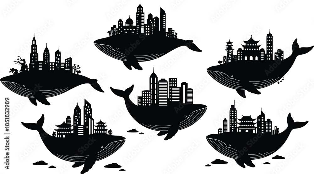 Obraz premium Stylized whale silhouettes carrying cityscapes, surreal nature and urban fusion, fantasy concept illustration, symbolic harmony of civilization and ocean