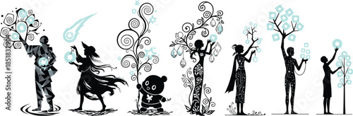 Stylized silhouettes interacting with magical trees, abstract circular elements, whimsical forest concept, symbolic growth and transformation illustration