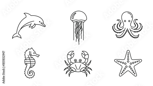 Minimalist black and white line art icons featuring six distinct and popular sea life creatures for design projects
