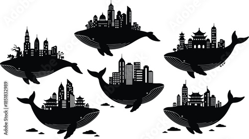 Stylized whale silhouettes carrying cityscapes, surreal nature and urban fusion, fantasy concept illustration, symbolic harmony of civilization and ocean