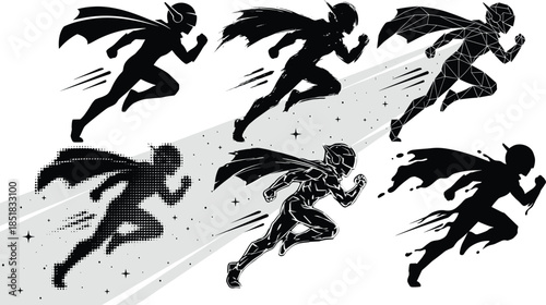 Superhero running silhouettes, dynamic motion styles, comic book action poses, graphic design techniques, cape flow, artistic character illustration, speed concept