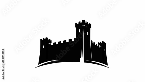 Black Silhouette of a Medieval Castle Fortress with Towers and Battlements.