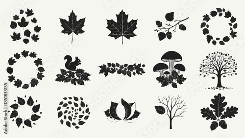 Collection of Autumnal Nature Silhouettes and Icons.