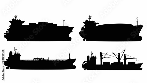 Collection of Silhouettes of Different Types of Cargo Ships.