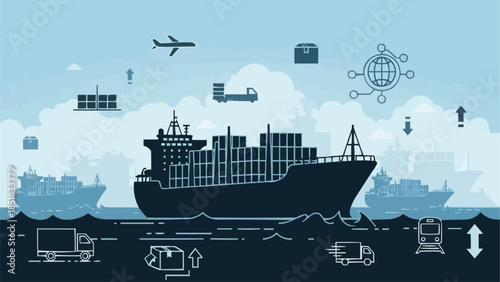 Massive Cargo Ship Loaded With Containers Sailing On The Ocean.