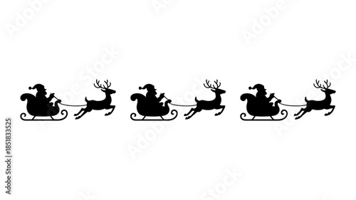 Repeating black silhouette of santa claus in a sleigh pulled by a reindeer