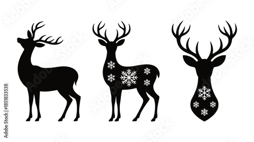 Set of three black deer silhouettes featuring plain and snowflake-decorated designs