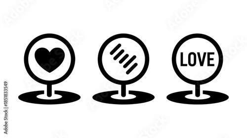 A collection of minimalistic location pin icons symbolizing love, beauty, and personal care