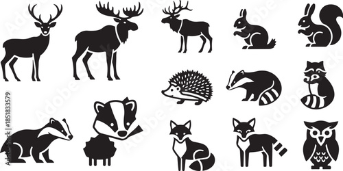 Black and white woodland animal icons set