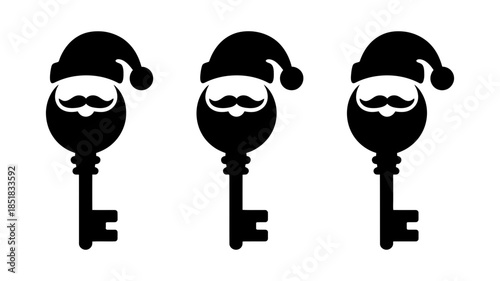 Black silhouette vector illustration featuring three christmas santa key icons