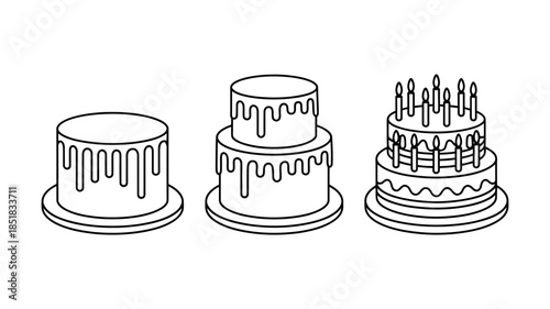 A line art illustration showing the progression of a birthday cake from one tier to three tiers with candles.