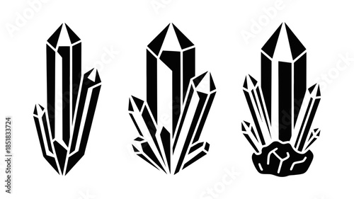 Black and white silhouette illustration of a mesmerizing crystal cluster set for design
