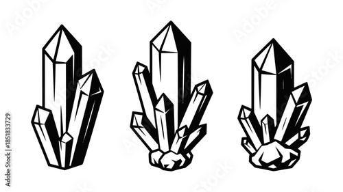 A collection of three black and white stylized crystal cluster illustrations with sharp facets
