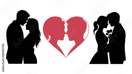 Romantic silhouettes: a heartfelt illustration of loving couples and a central symbol of affection