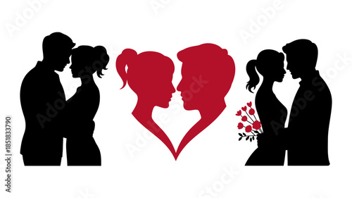Romantic silhouettes of loving couples depicting affection and connection in various poses