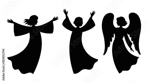 Elegant silhouettes of spiritual angels and celestial beings with outstretched wings